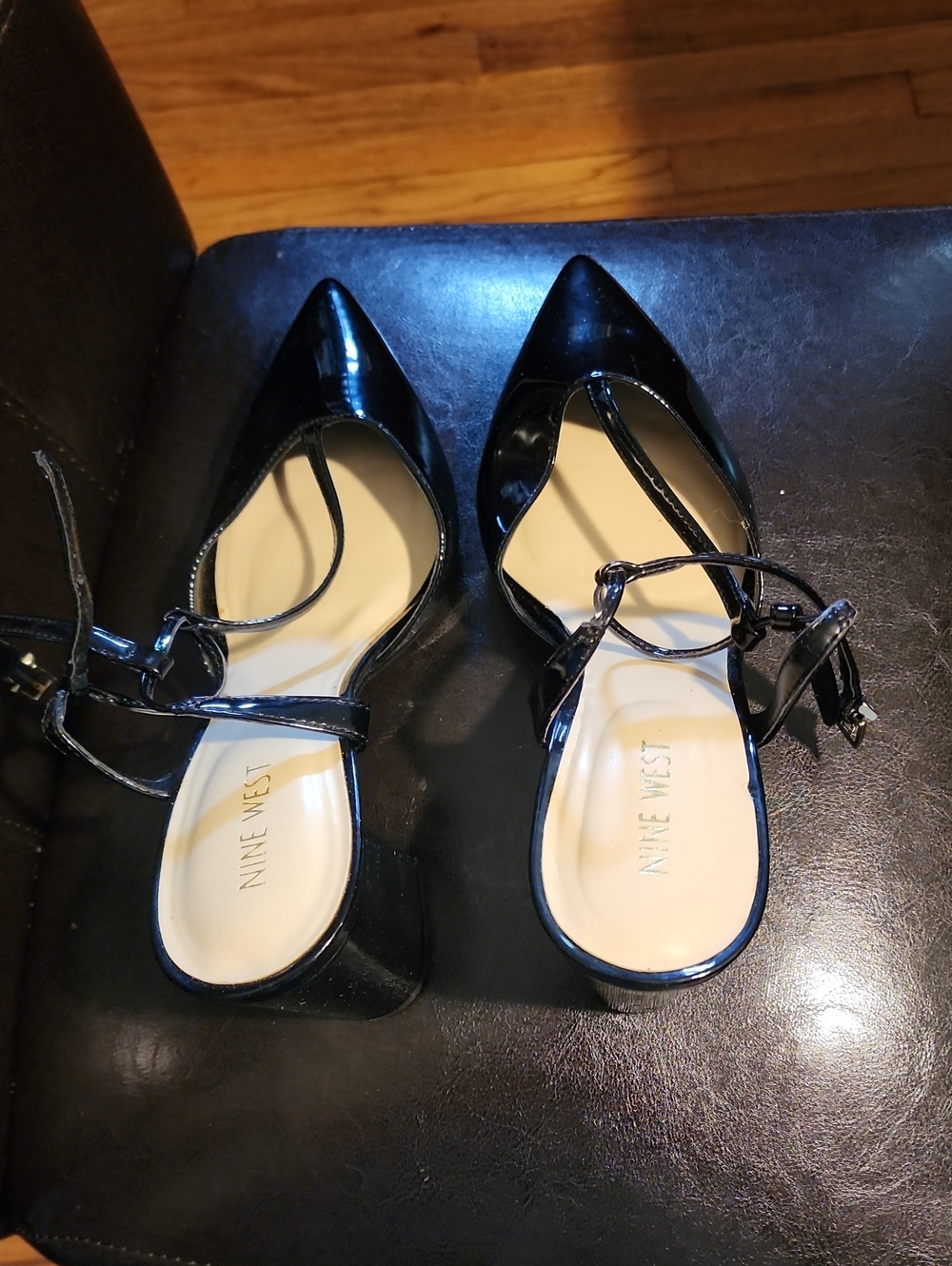 Nine West Black Patent Pointed Ballet Heels with Ankle Straps